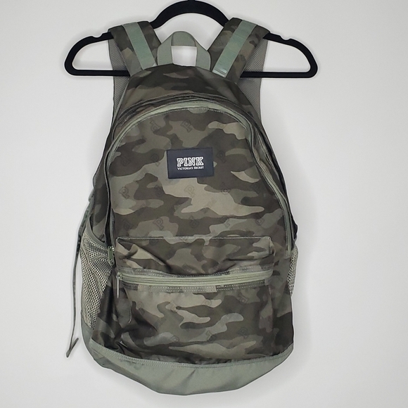 Victoria's Secret Campus Backpack Green Camo Print Roomy Padded Straps Carry All - Picture 1 of 16